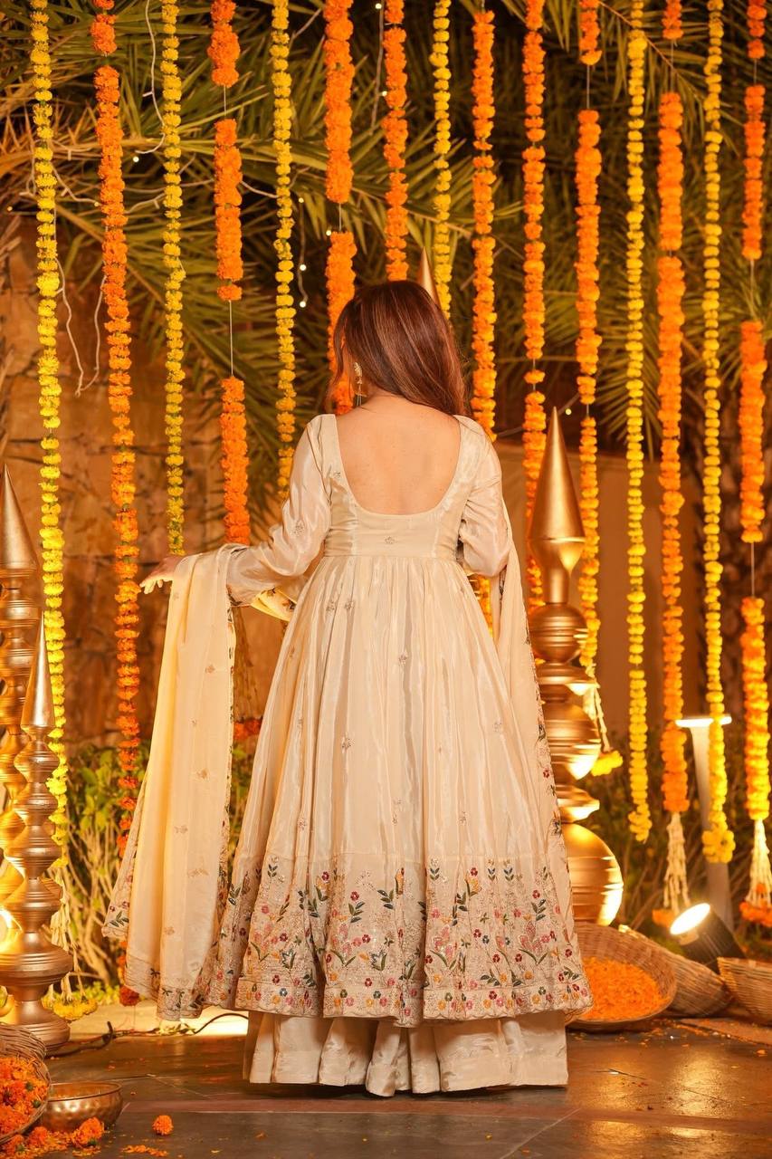 Off White Silk Sequins Embroidered Gown Set