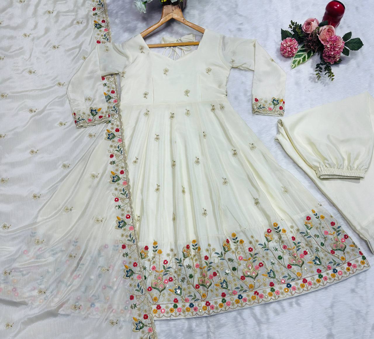 Off White Silk Sequins Embroidered Gown Set