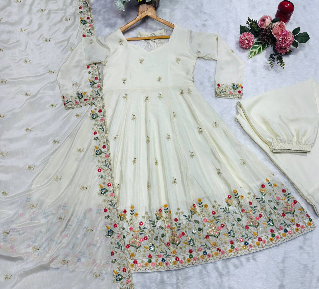 Off White Silk Sequins Embroidered Gown Set