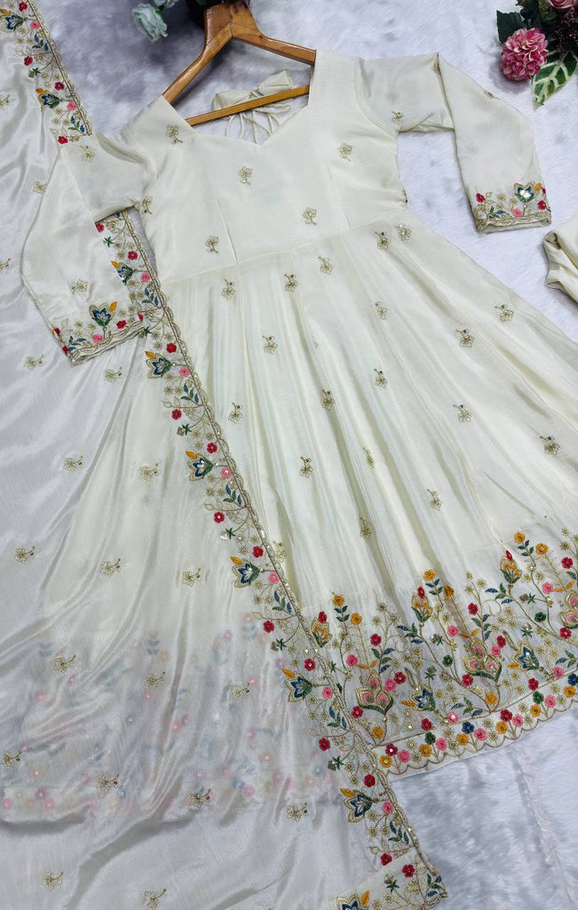 Off White Silk Sequins Embroidered Gown Set