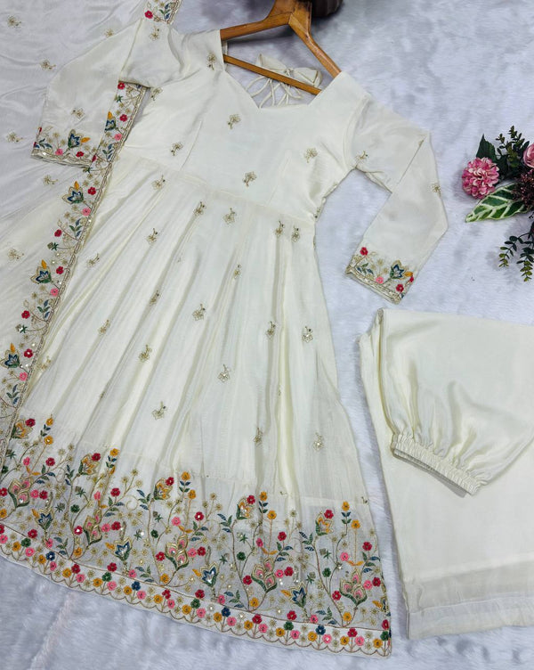 Off White Silk Sequins Embroidered Gown Set