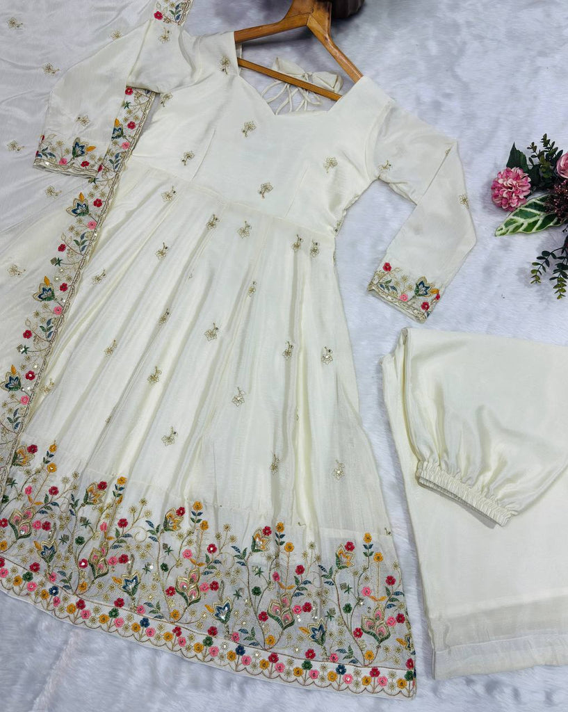 Off White Silk Sequins Embroidered Gown Set