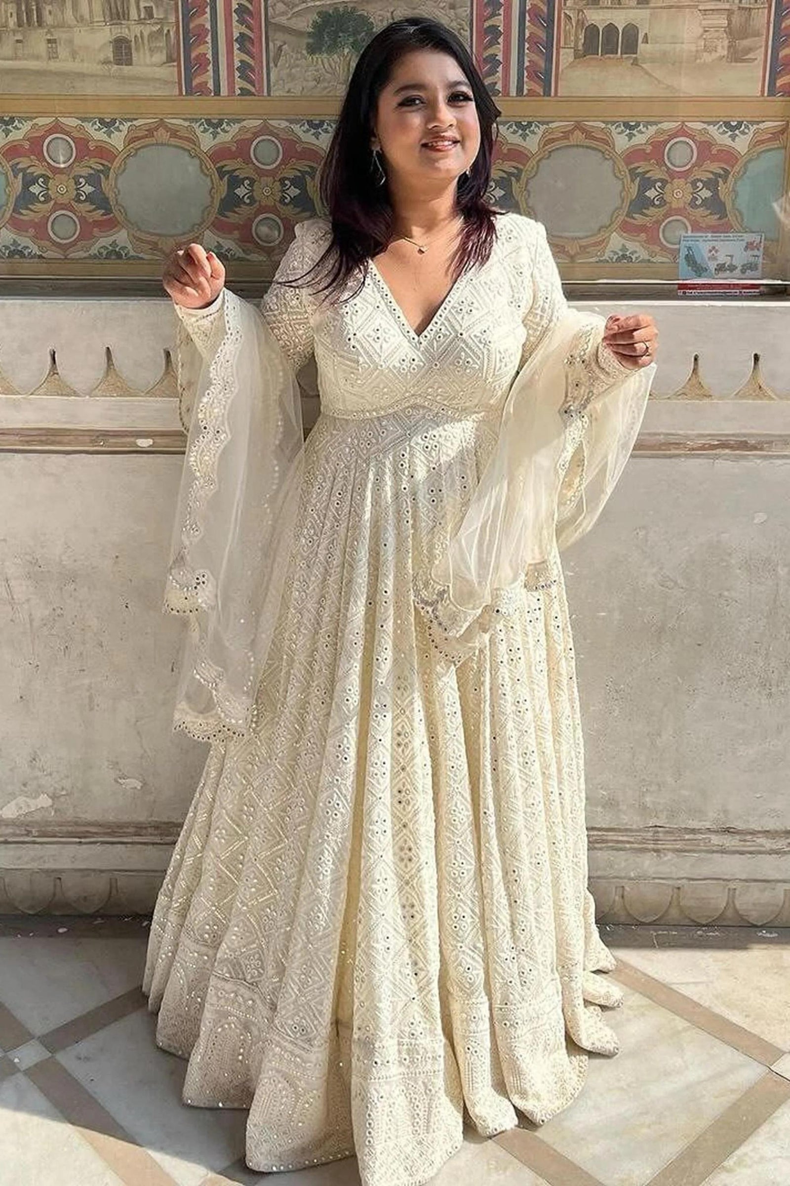 Off-White Soft Georgette Anarkali Gown – Elegant Flared Ethnic Wear ClothsVilla