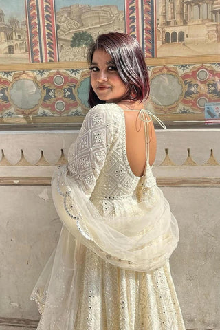 Off-White Soft Georgette Anarkali Gown – Elegant Flared Ethnic Wear ClothsVilla
