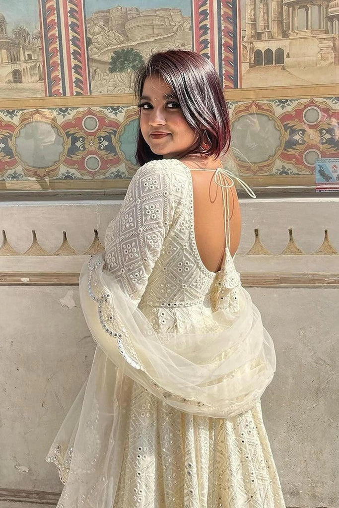 Off-White Soft Georgette Anarkali Gown – Elegant Flared Ethnic Wear ClothsVilla