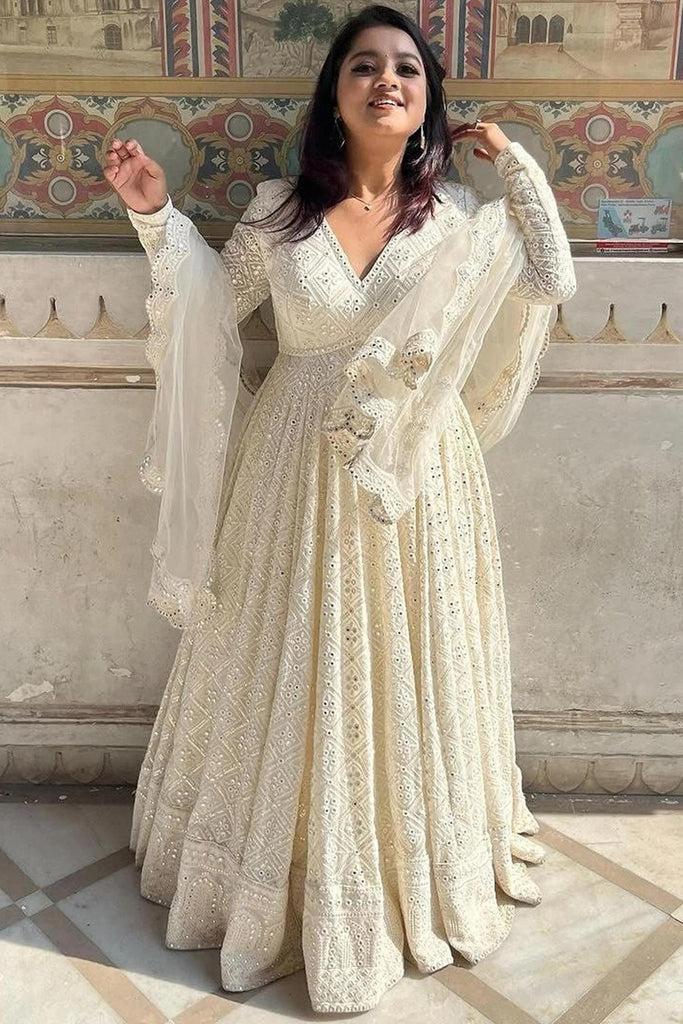 Off-White Soft Georgette Anarkali Gown Elegant Flared Ethn Off-White Soft Georgette Anarkali Gown Elegant Flared Ethn