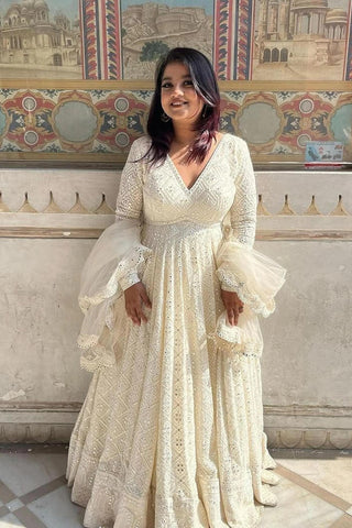 Off-White Soft Georgette Anarkali Gown – Elegant Flared Ethnic Wear ClothsVilla