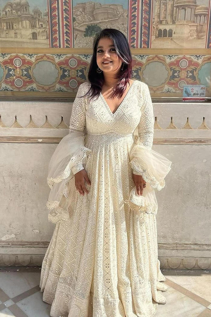 Off-White Soft Georgette Anarkali Gown Elegant Flared Ethn Off-White Soft Georgette Anarkali Gown Elegant Flared Ethn