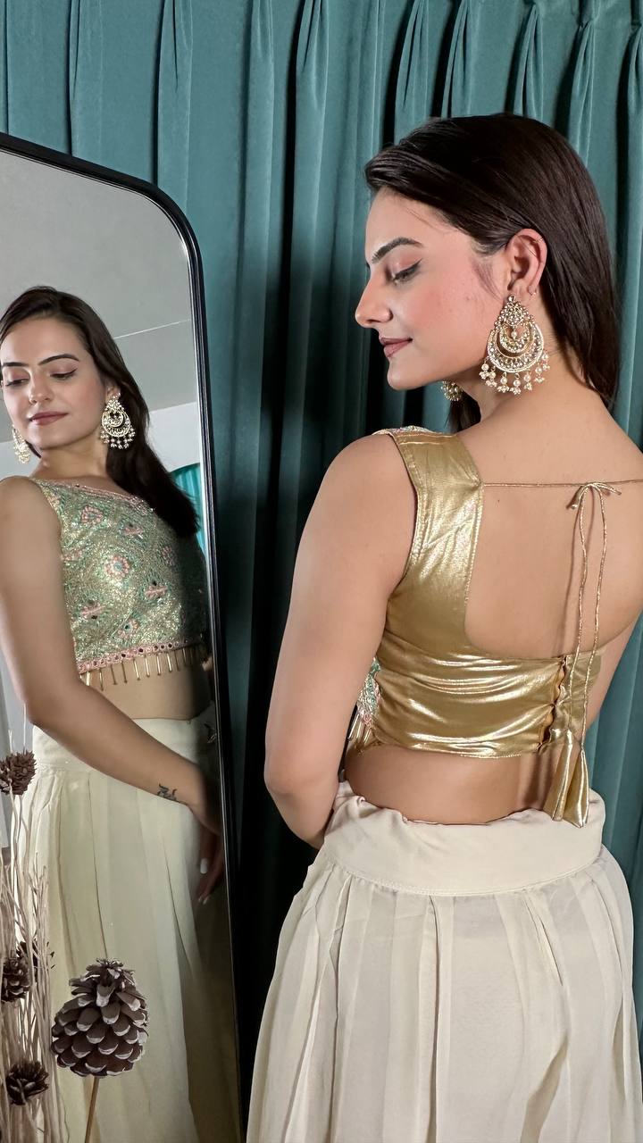 Off White Stylish Georgette Plazo Set with Mirror & Stone Work — Effortless Elegance ClothsVilla