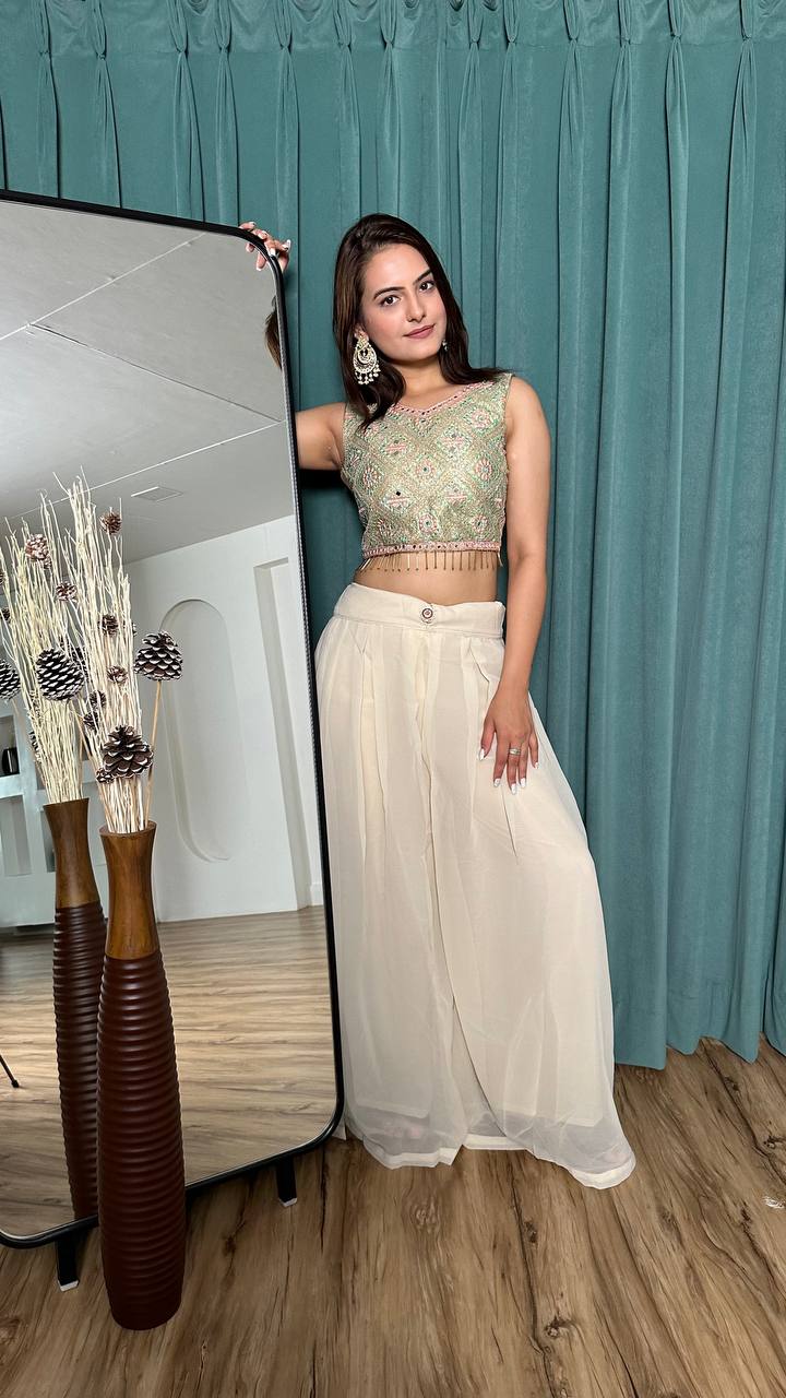 Off White Stylish Georgette Plazo Set with Mirror & Stone Work — Effortless Elegance ClothsVilla