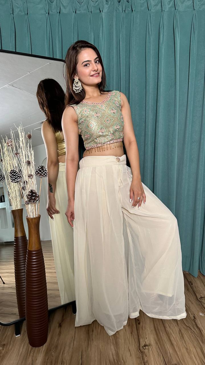 Off White Stylish Georgette Plazo Set with Mirror & Stone Work — Effortless Elegance ClothsVilla