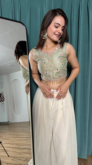 Off White Stylish Georgette Plazo Set with Mirror & Stone Work — Effortless Elegance ClothsVilla