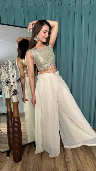 Off White Stylish Georgette Plazo Set with Mirror & Stone Work — Effortless Elegance ClothsVilla