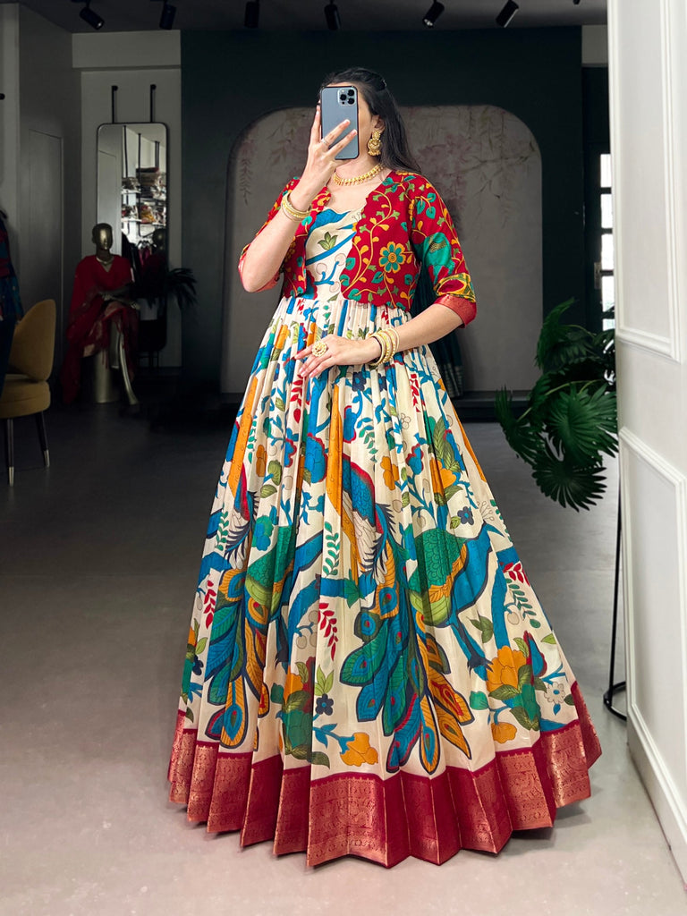 Off White Tasar Silk Kalamkari Print Stitched Gown with Zari Weaving Koti – Full Flair Party Wear Gown Set for Women ClothsVilla