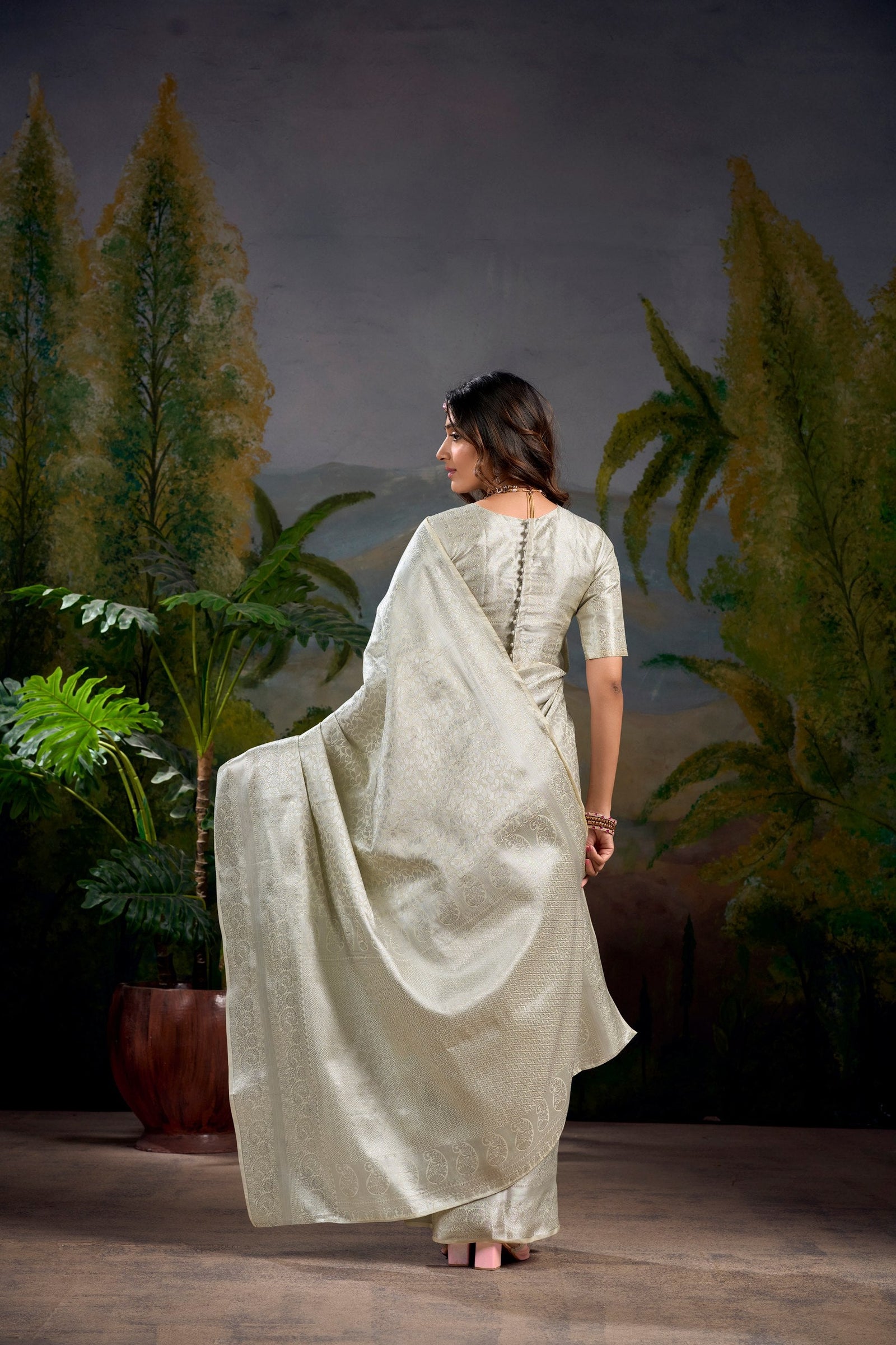 Off White Timeless Kanjivaram Saree with Exquisite Zari Weaving ClothsVilla