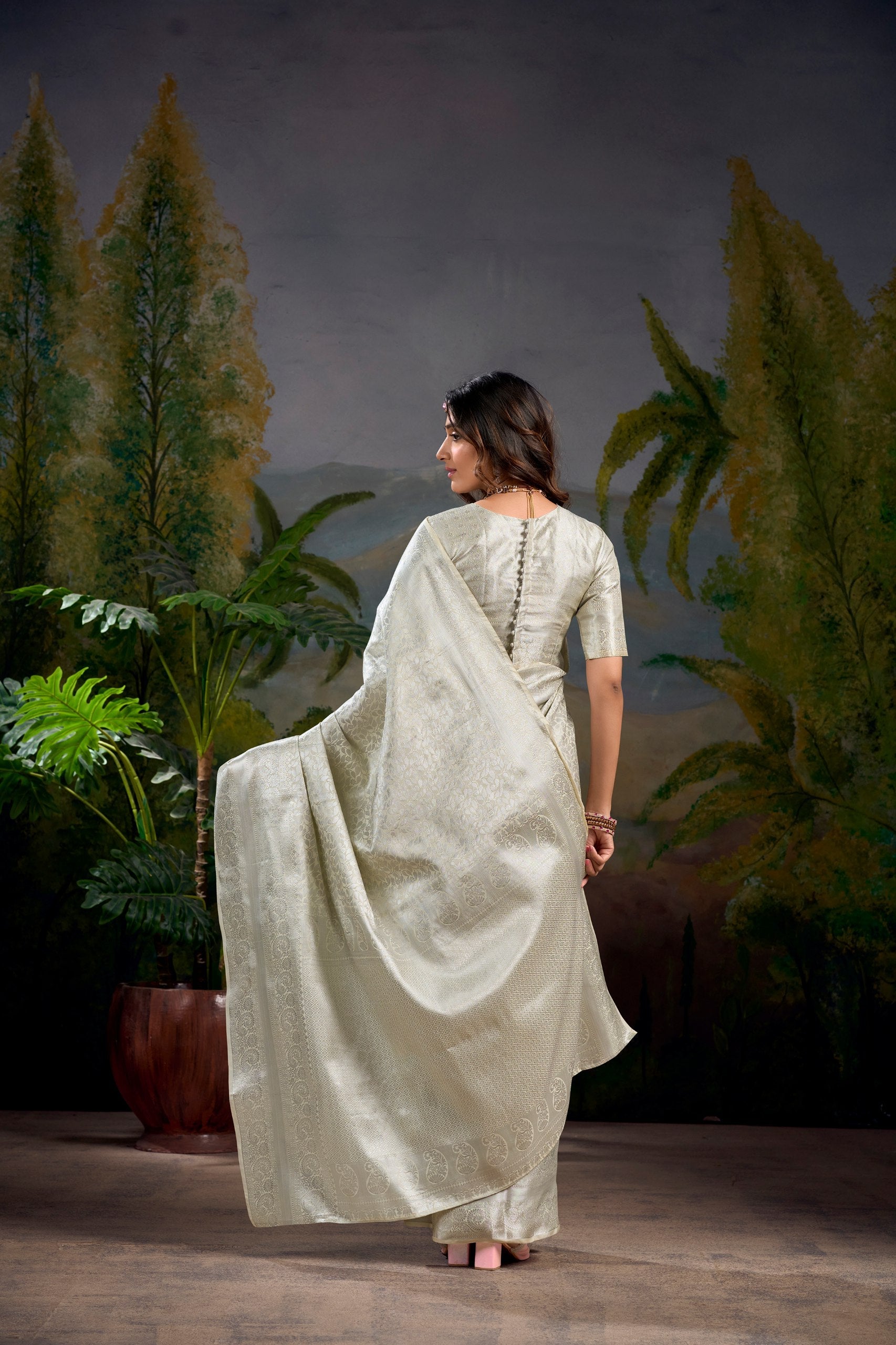Off White Timeless Kanjivaram Saree with Exquisite Zari Weaving ClothsVilla