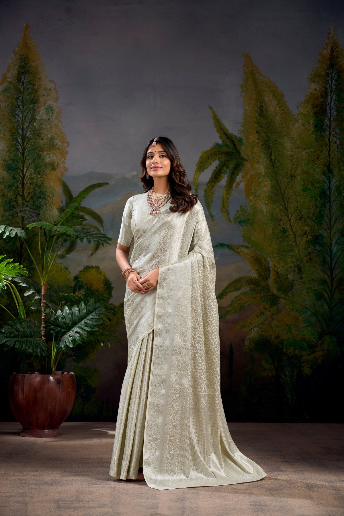 Off White Timeless Kanjivaram Saree with Exquisite Zari Weaving ClothsVilla Main image