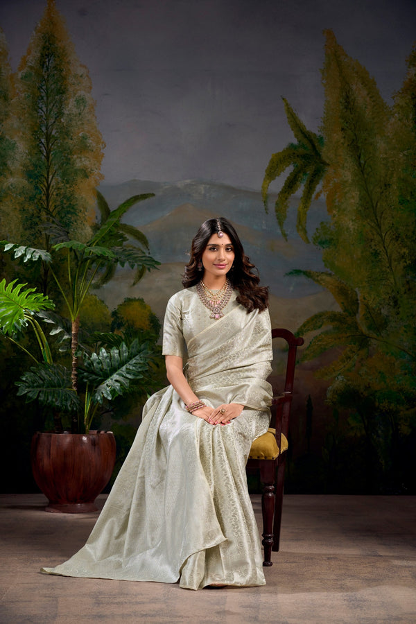 Off White Timeless Kanjivaram Saree with Exquisite Zari Weaving ClothsVilla