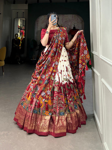 Off White Tussar Silk Kalamkari Print Lehenga Choli