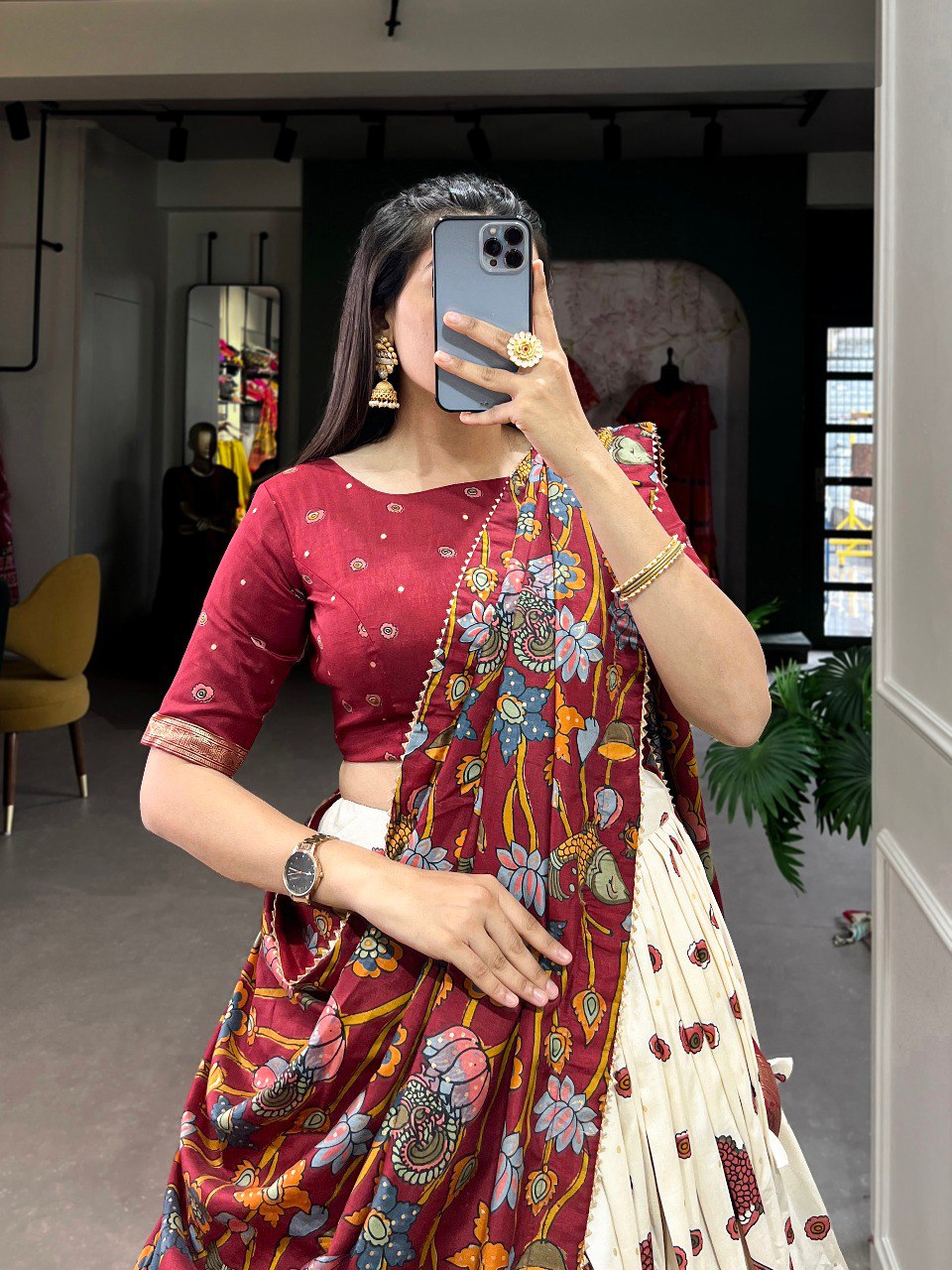 Off White Tussar Silk Kalamkari Print Lehenga Choli