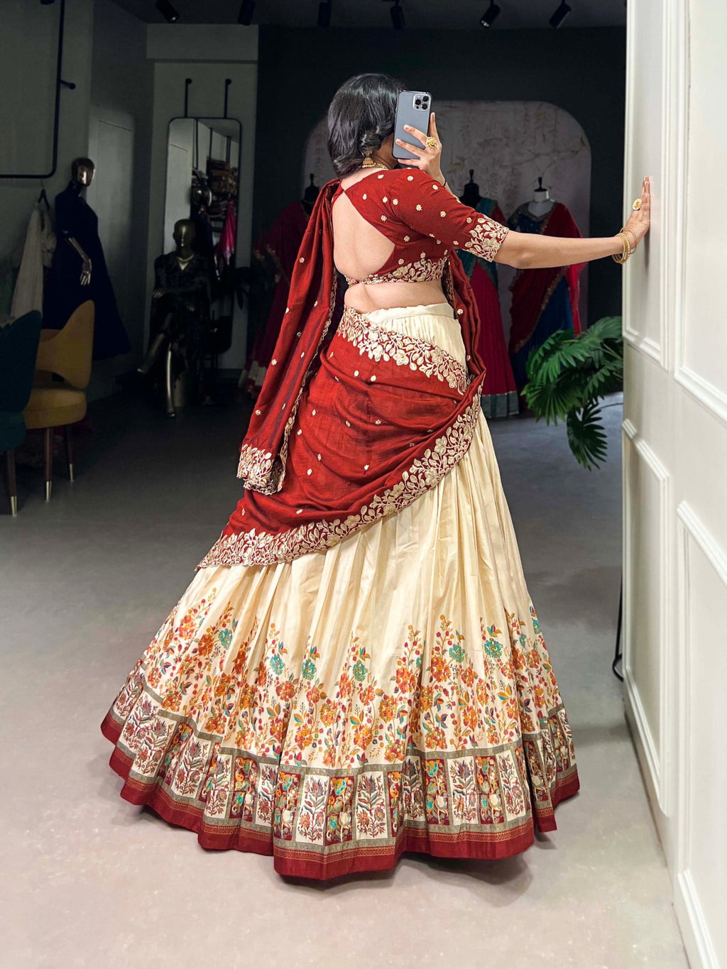 Off White Tussar Silk Printed Lehenga Set with Embroidered Vichitra Silk Blouse & Dupatta Clothsvilla
