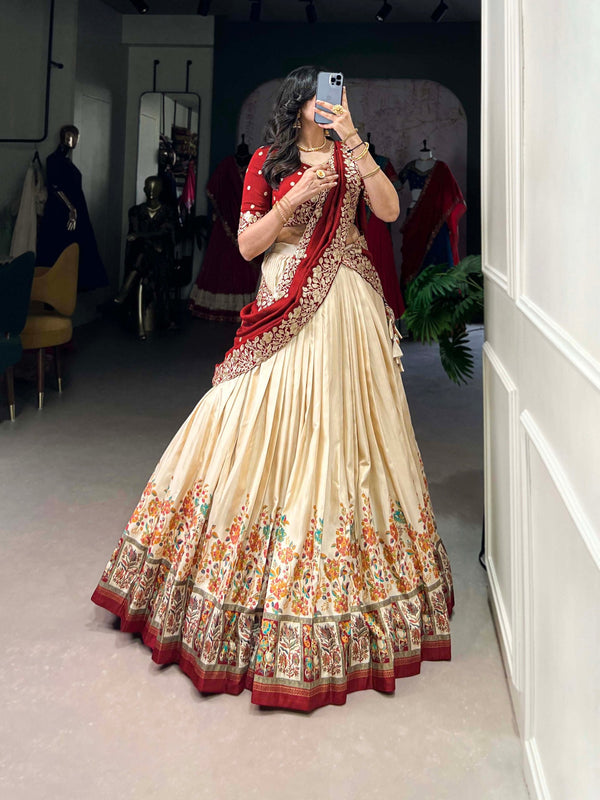 Off White Tussar Silk Printed Lehenga Set with Embroidered Vichitra Silk Blouse & Dupatta Clothsvilla
