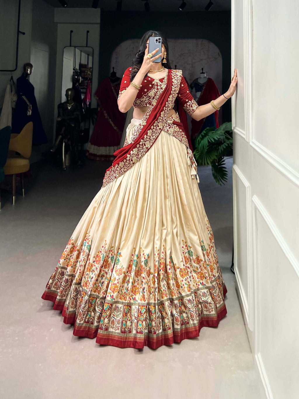Off White Tussar Silk Printed Lehenga Set with Embroidered Vichitra Silk Blouse & Dupatta Clothsvilla