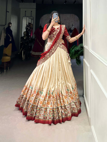 Off White Tussar Silk Printed Lehenga Set with Embroidered Vichitra Silk Blouse & Dupatta Clothsvilla
