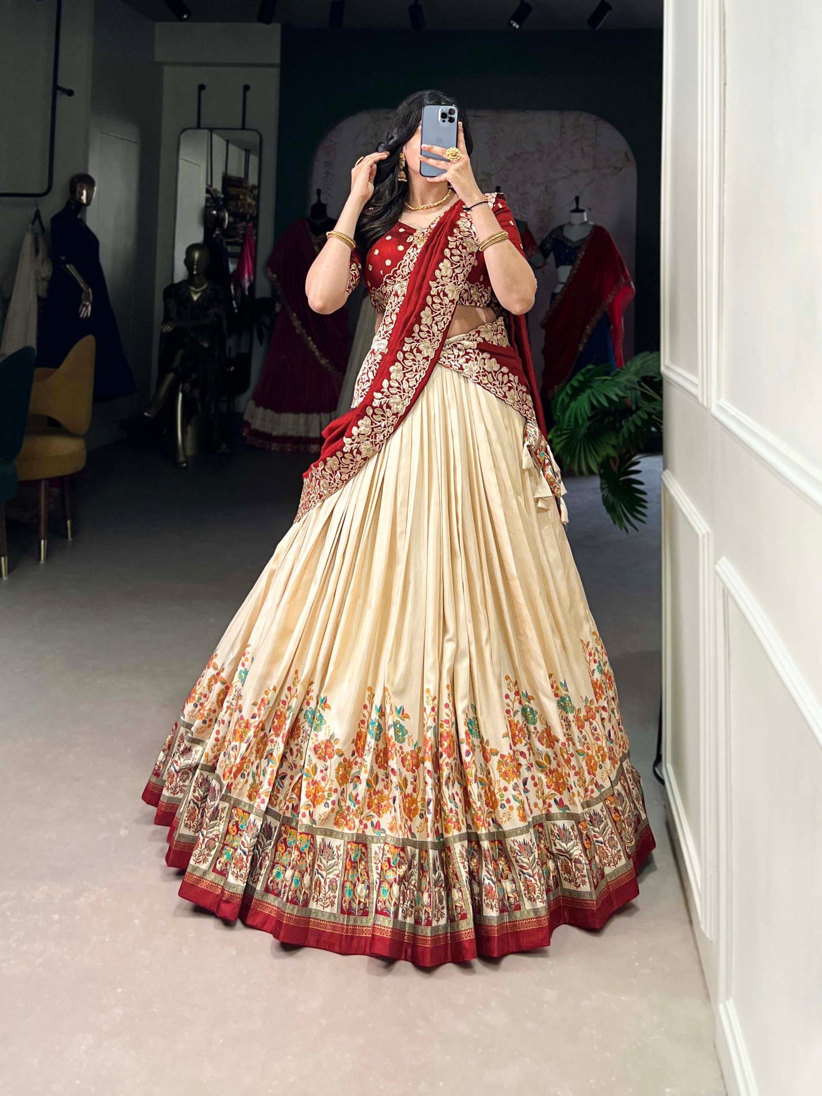 Off White Tussar Silk Printed Lehenga Set with Embroidered Vichitra Silk Blouse & Dupatta Clothsvilla