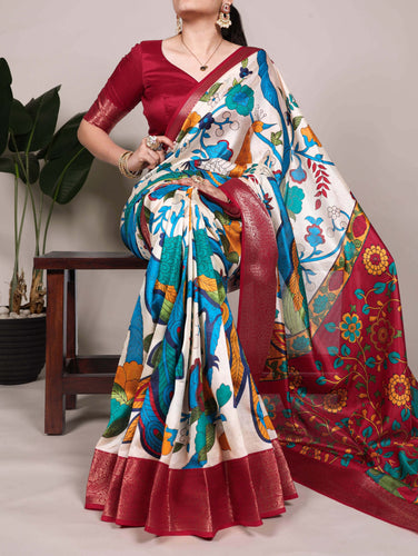 Off White Tussar Silk Printed Saree with Zari Weaving Work & Viscose Border Blouse ClothsVilla