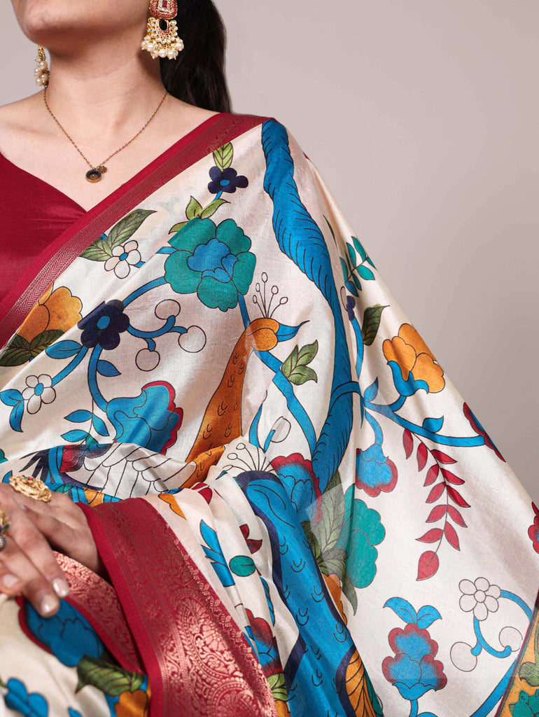 Off White Tussar Silk Printed Saree with Zari Weaving Work & Viscose Border Blouse ClothsVilla