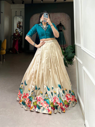 Off White Unfold the Beauty of Tussar Florals – Elegant Floral Print Tussar Silk Lehenga