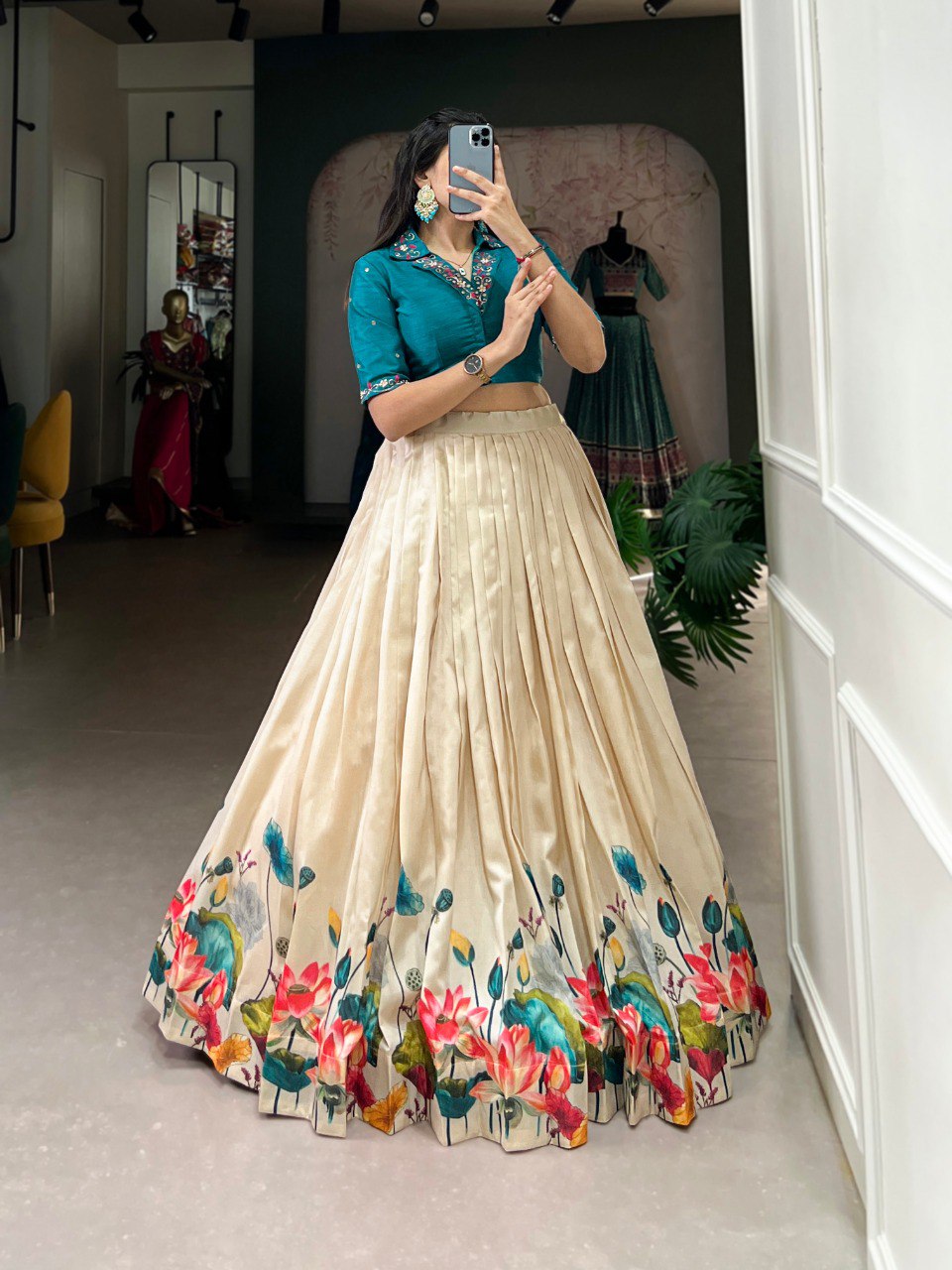 Off White Unfold the Beauty of Tussar Florals – Elegant Floral Print Tussar Silk Lehenga Secondary image