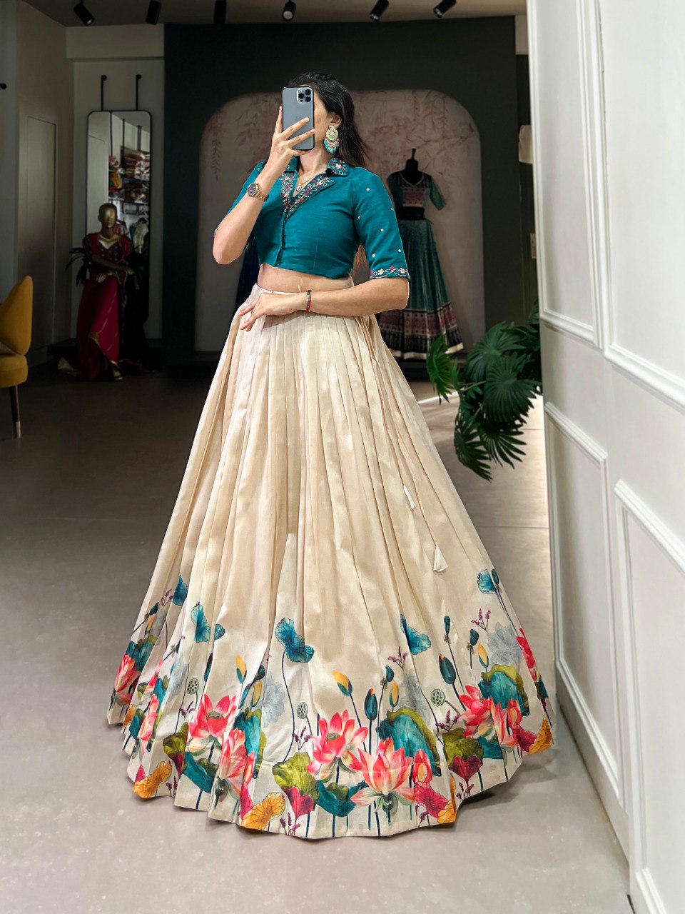 Off White Unfold the Beauty of Tussar Florals – Elegant Floral Print Tussar Silk Lehenga