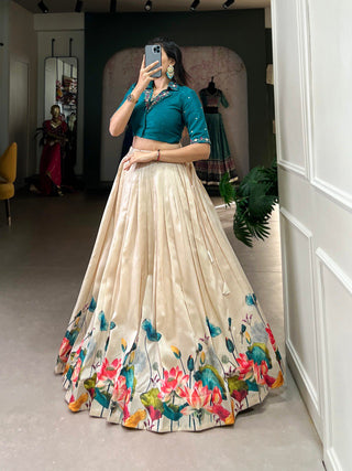 Off White Unfold the Beauty of Tussar Florals – Elegant Floral Print Tussar Silk Lehenga