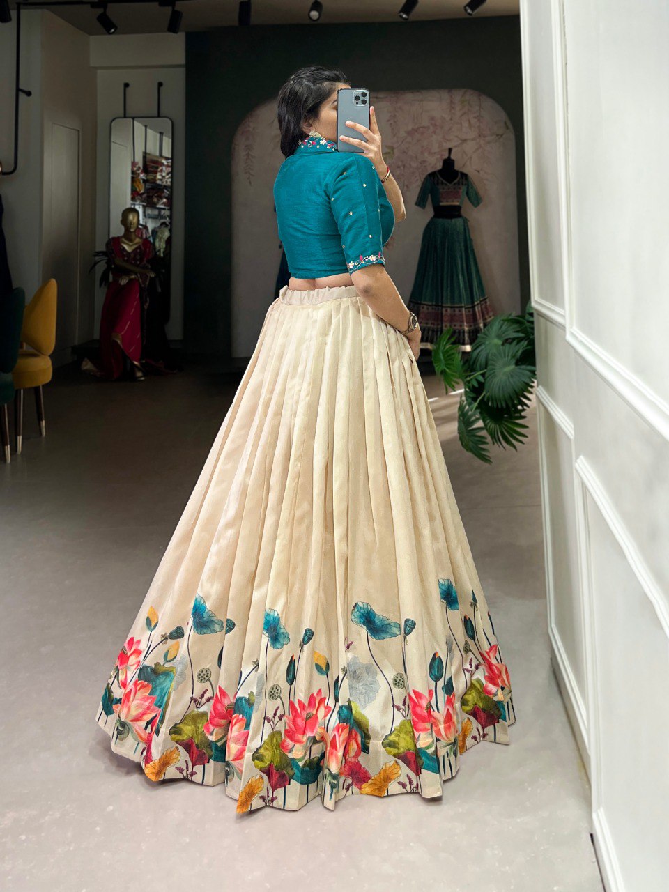 Off White Unfold the Beauty of Tussar Florals – Elegant Floral Print Tussar Silk Lehenga