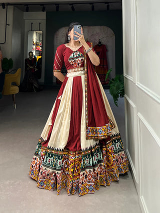 Off White Vibrant Printed Silk Lehenga with Gamthi & Mirror Work ClothsVilla