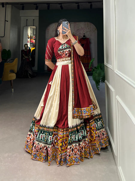 Black-Pink Pure Rayon Bandhej Ajrakh Gamthi Mirror Work Lehenga Choli