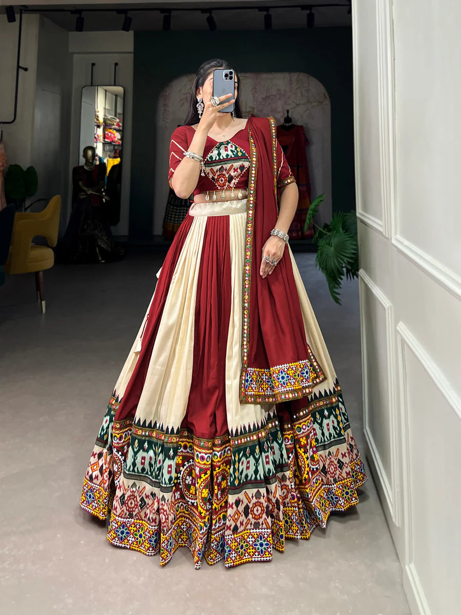Off White Vibrant Printed Silk Lehenga with Gamthi & Mirror Work ClothsVilla