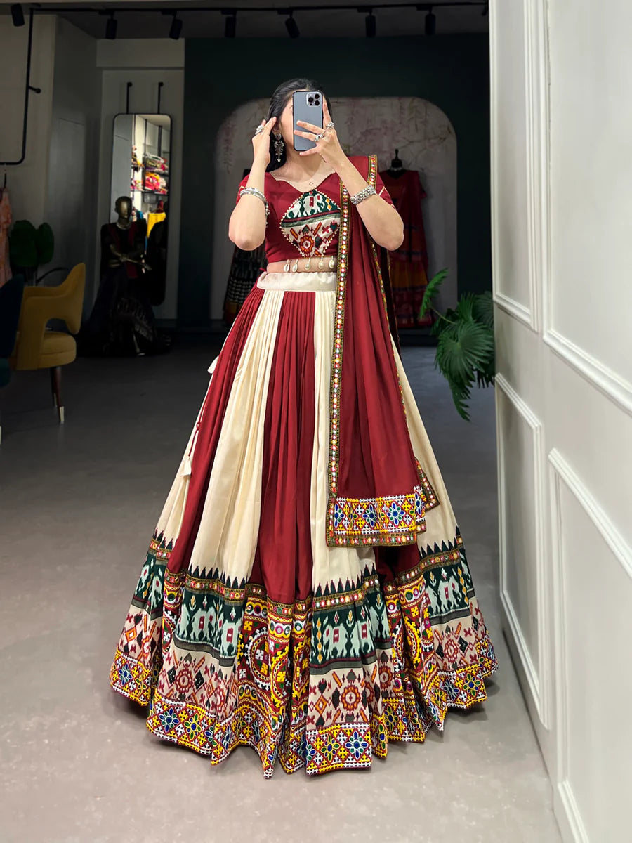 Off White Vibrant Printed Silk Lehenga with Gamthi & Mirror Work ClothsVilla
