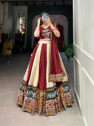 Off White Vibrant Printed Silk Lehenga with Gamthi & Mirror Work ClothsVilla