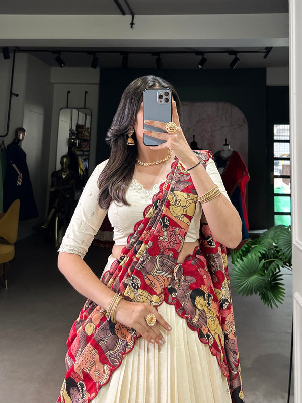 Off White Vichitra Silk Embroidered Lehenga Set with Kalamkari Print Dupatta ClothsVilla