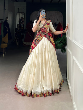 Off White Vichitra Silk Embroidered Lehenga Set with Kalamkari Print Dupatta ClothsVilla