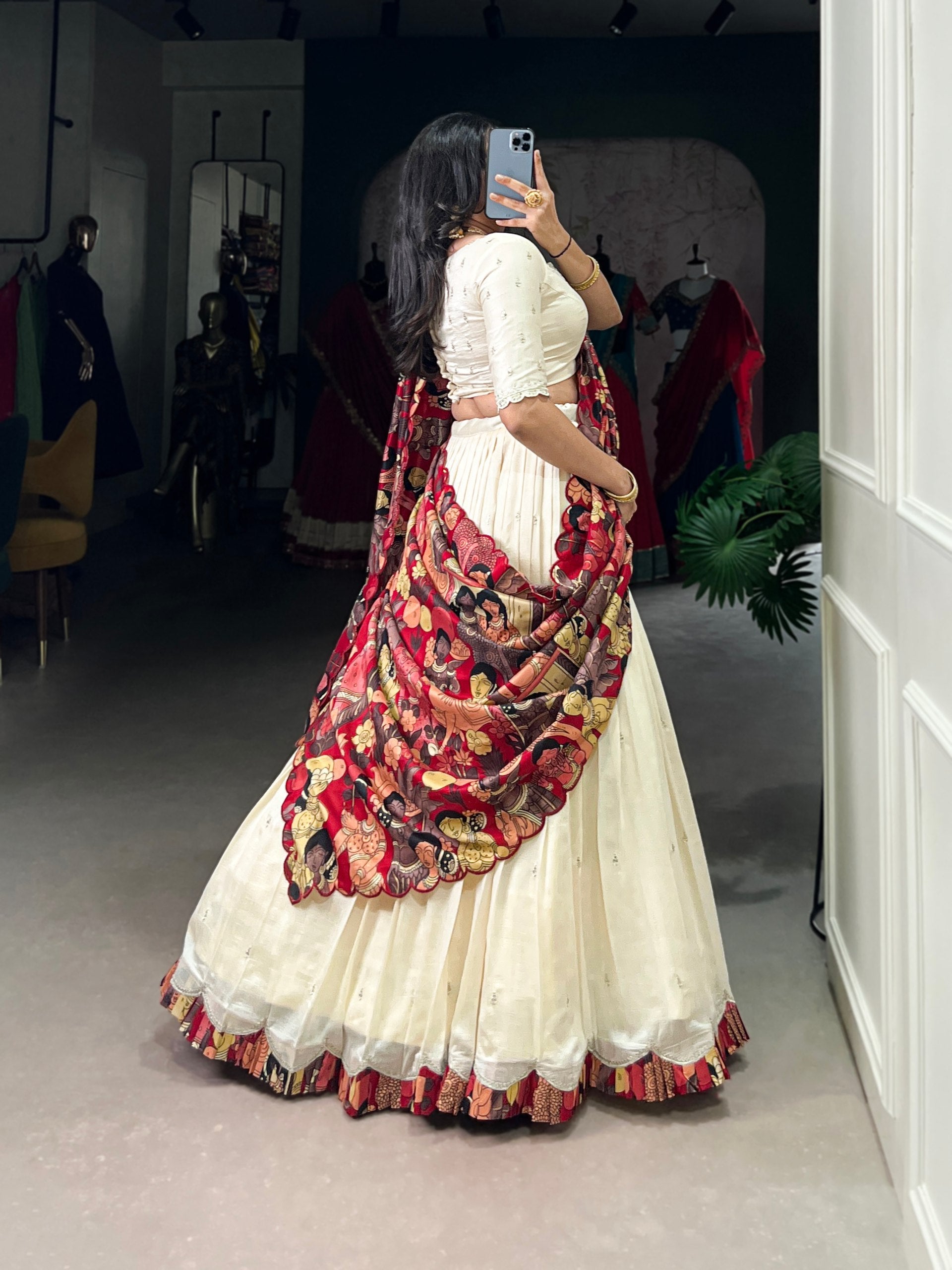 Off White Vichitra Silk Embroidered Lehenga Set with Kalamkari Print Dupatta ClothsVilla