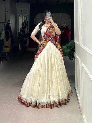 Off White Vichitra Silk Embroidered Lehenga Set with Kalamkari Print Dupatta ClothsVilla