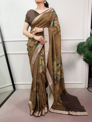 Olive Brown Printed Silk Saree ClothsVilla