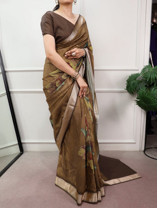 Olive Brown Printed Silk Saree ClothsVilla