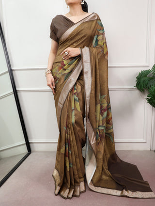 Olive Brown Printed Silk Saree ClothsVilla
