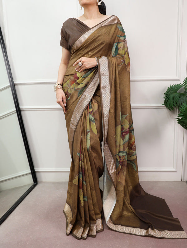 Olive Brown Printed Silk Saree ClothsVilla