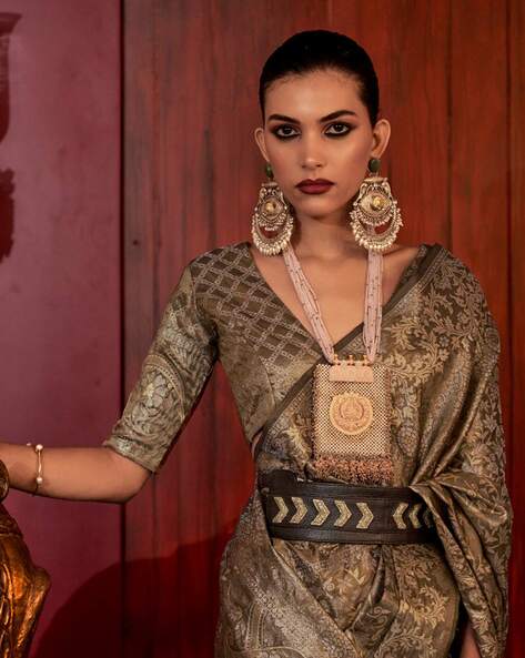 Olive Brown Stylish Party Wear Saree with Unstitched Blouse Piece Secondary image
